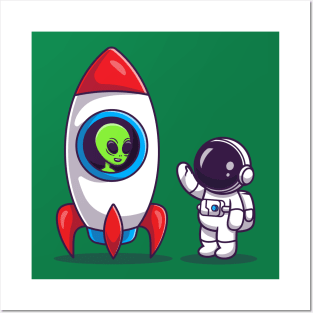 Cute Astronaut With Alien In Rocket Cartoon Posters and Art